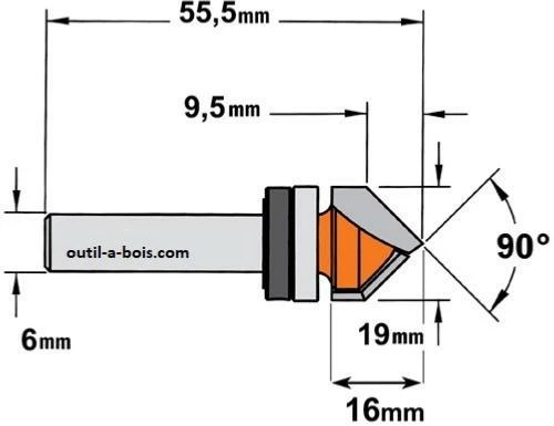 Fraise CMT à Rainurer En V 90° - Diamètre 19 Mm - Queue De 6 Mm Avec Roulement 4 Fraise CMT à Rainurer En V 90° - Diamètre 19 Mm - Queue De 6 Mm Avec Roulement – Image 2